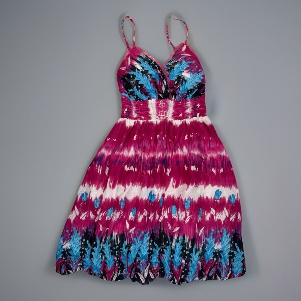 Y2K Pink Tie Dye Bubble Hem Dress Medium Floral Mini Festival Summer
